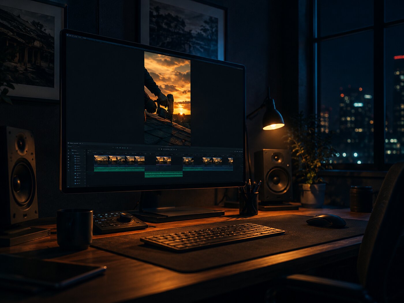 Cinematic editing studio producing contractor video content